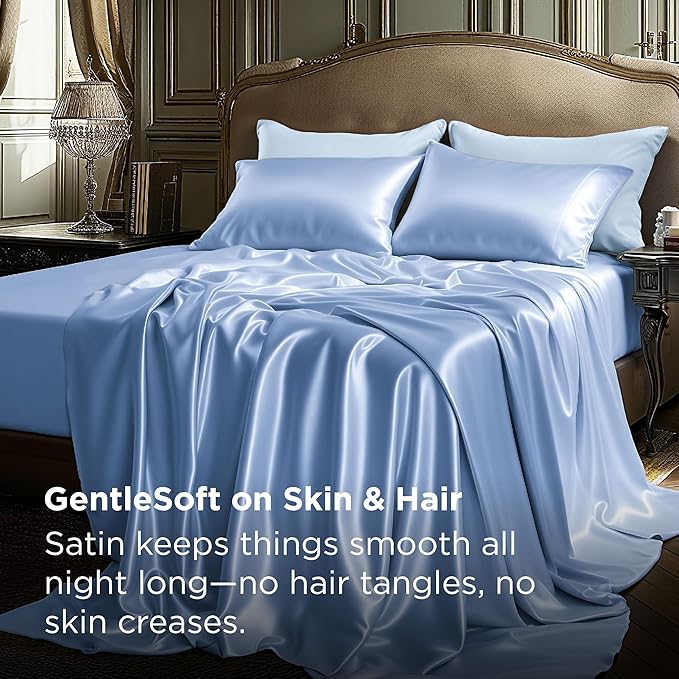Bedsure Satin Sheets King Size - 4 Piece Silky Bedsheets with 15 Inches Deep Pocket Fitted Bedsheet,1 Flat Sheet, 2 Satin Pillowcases, Good for Hair & Skin (King, Sky Blue)