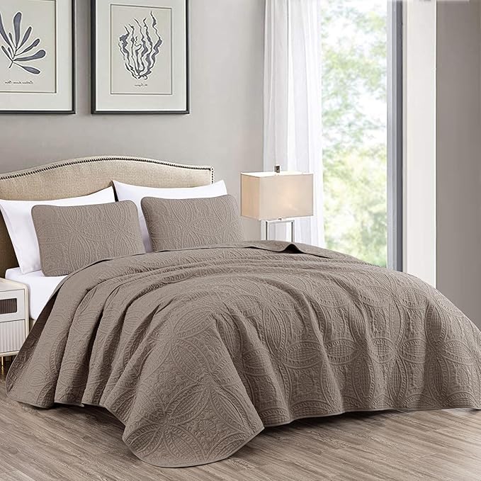 Chezmoi Collection Austin 3-Piece Oversized Bedspread Coverlet Set (Queen, Taupe) (Pack of 6)