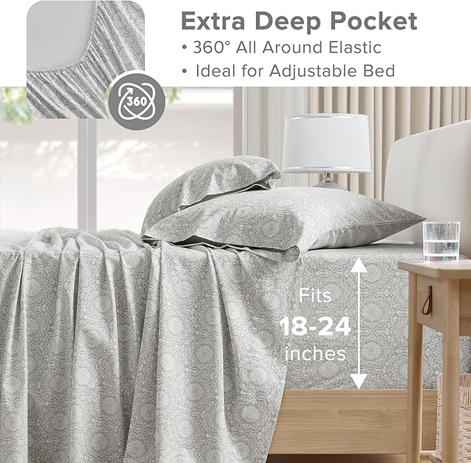 Comfort Spaces Extra Deep Pocket, 100% Cotton King Fits up to 24" Mattress, Breathable, Naturally Cool, Soft, All Seasons Sheet Set, Adelia Grey 4 Piece