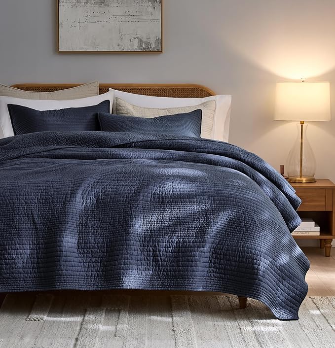 palassio Striped Navy Blue 100% Cotton Quilt Twin Size Bedding Sets, Lightweight Crinkly Channel Pick Stitch Textured Bedspread Soft Shabby Chic Farmhouse Country Coverlet for All Season, 1 Sham