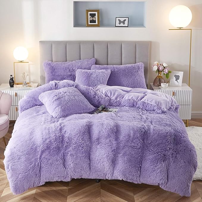 Uhamho Faux Fur Velvet Fluffy Bedding Duvet Cover Set Down Comforter Quilt Cover with Pillow Shams, Ultra Soft Warm (Lilac, Queen)
