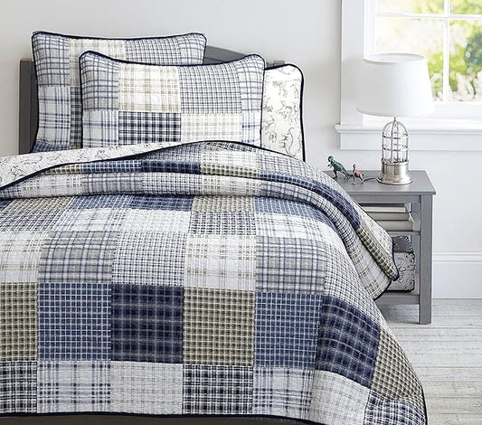 Cozy Line Home Fashions Benjamin Cute Dinosaur Plaid Navy Blue White Grey Bedding Quilt Set 100% Cotton Reversible Coverlet Bedspread Set for Kids Boy (King - 3 Piece)