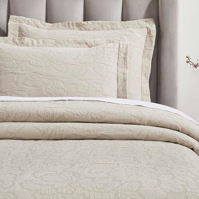 Superior 3 Piece Cotton Bedspread Set, Home Decor, Decorative Bed Spread, 2 Pillow Shams, Medium Weight Blanket, Matelasse Coverlet, Bedding Essentials, Hibiscus Collection, California King, Beige