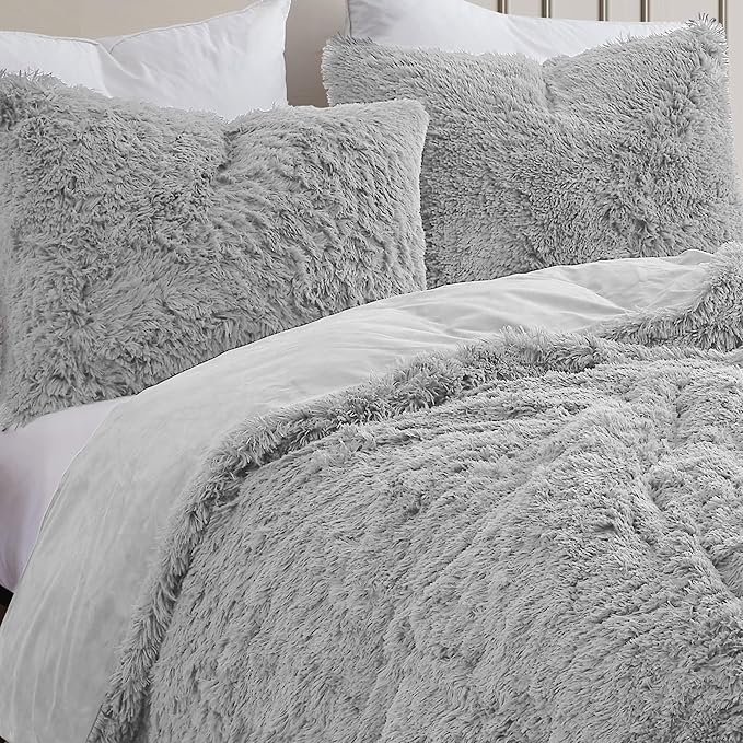 Twin Size Luxury Faux Fur Comforter Set - Soft & Breathable 5-Piece Bedding Collection - 1 Comforter, 1 Fitted Sheet, 1 Flat, 1 Pillowcase, 1 Pillow Sham - Deep Pocket - Premium Quality, Silver