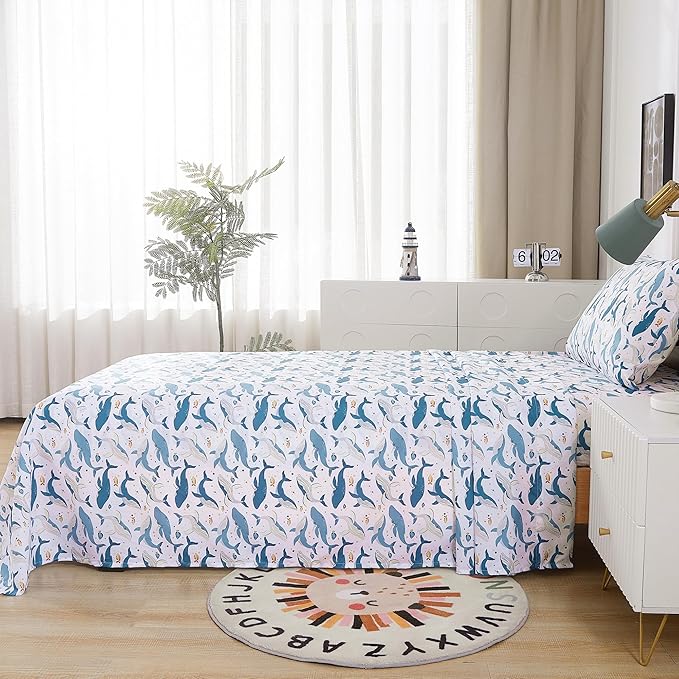 Kids Sheet Set Twin Size, Twin Sheet Set with Marine Whales Pattern，Breathable Silky Soft Microfiber Kids Fitted Sheet