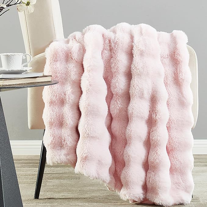 DREAMNINE Large Soft Thick Fuzzy Bubble Faux Rabbit Fur Bed Blanket Queen Size - 80" x 90", Big Warm Shaggy Fluffy Blankets for Winter, Solid Luxury Cozy Cute Bumpy Furry Blanket for Bed Adult, Pink
