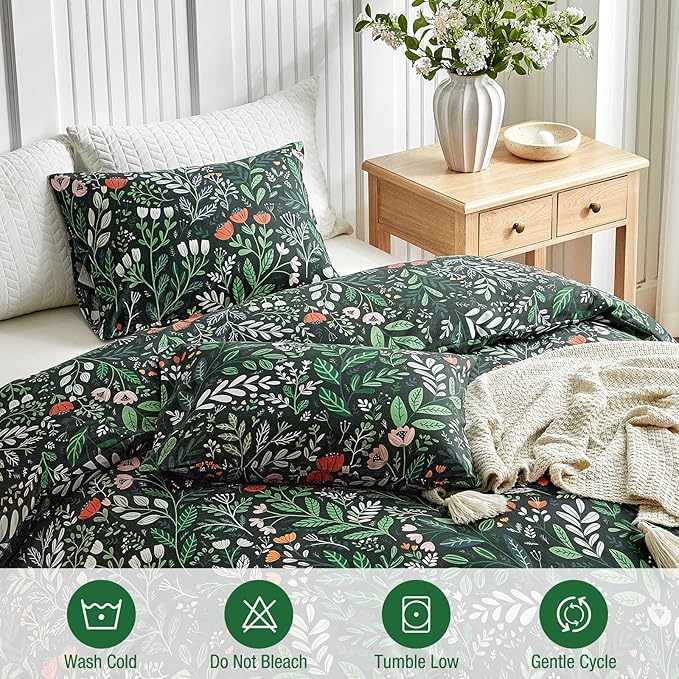 Lekesky Queen Size Reversible Duvet Cover, Duvet Cover Queen Size 3 Piece Romantic Garden Microfiber Botanical Bedding Set with Zipper Closure Corner Ties