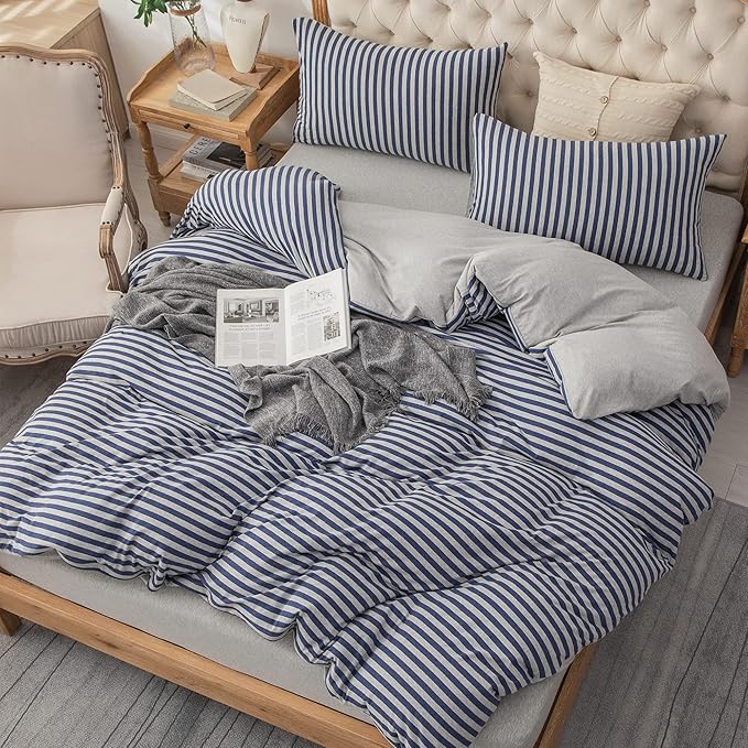 PURE ERA Jersey Knit Duvet Cover Set 100% T-Shirt Heather Cotton Super Soft Comfy Classic Striped Design, with Zipper Closure, Heather Grey Blue Stripe, King