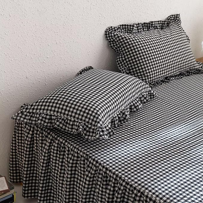 mixinni Black White Gingham Ruffle Duvet Cover Full Size 3 Pieces – 100% Washed Cotton, Vintage Plaid Ruffled Bedding Set with Zipper Ties, Soft Checkered Grid Farmhouse Chic Comforter Cover Set