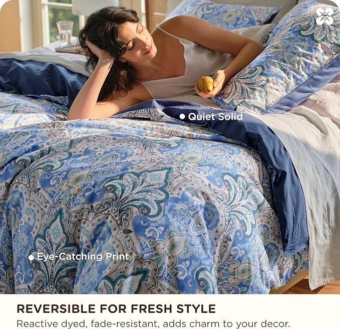 Bedsure 100% Cotton Reversible Paisley Damask Duvet Cover Queen Size - Classic Blue and White Pattern Comforter Cover with Zipper Closure & 2 Pillow Shams, No Comforter (Blue Paisley 90"x90")