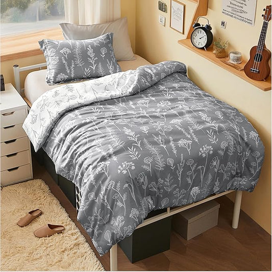 Joiedomi Twin Comforter Set Grey, 2 Pieces Floral Twin Bedding Set with 1 Soft Reversible Botanical Comforter and 1 Pillow Sham, Bed in a Bag for All Seasons