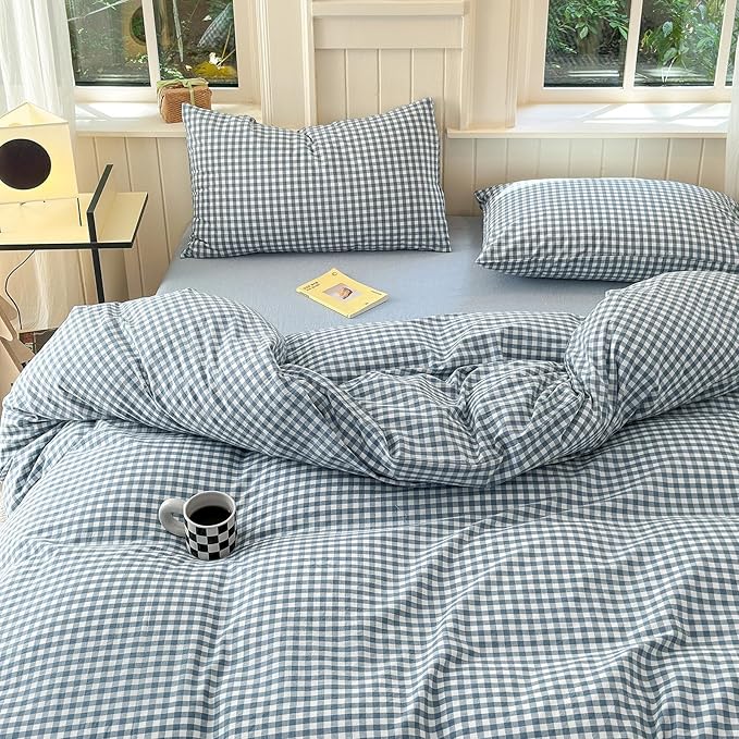 Gingham Duvet Cover King 100% Washed Cotton Blue Plaid Duvet Cover 3 Pieces Boho Grid Comforter Cover with 2 Pillowcases Luxury Soft Gingham Bedding Set Buffalo Grid Duvet Cover King Size