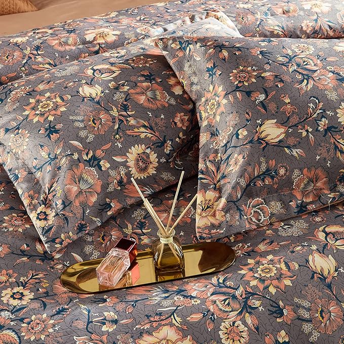 Cupocupa King Duvet Cover Set - 3pc Paisley Bedding - Vintage Boho Cottagecore Floral Print, Soft Microfiber Botanical Quilt Cover with Pillowcases (King, 104"x90")