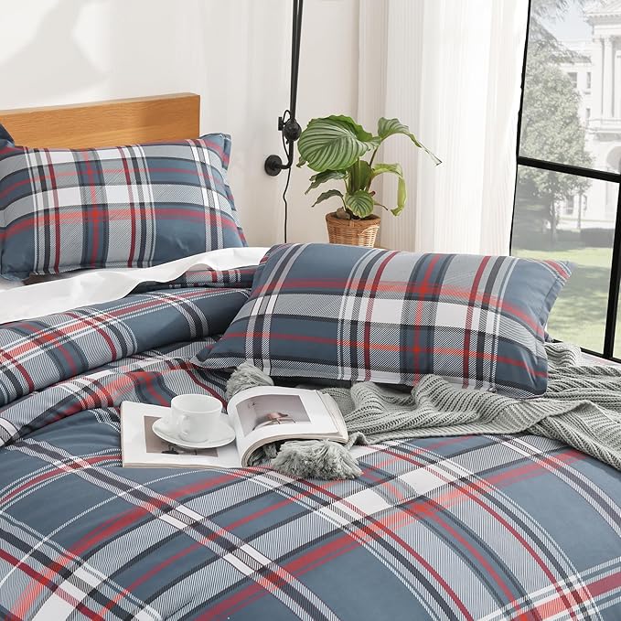 Andency Navy Red Plaid Comforter Set Queen(90x90Inch), 3 Pieces Grid Gingham Stripes Bedding Comforter Sets for Boys Girls Kids Teens, Preppy Geometric Line Soft Lightweight Reversible Bed Set as Gift