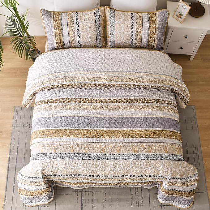 WONGS BEDDING Boho Quilt Set Queen Size, Brown Bohemian 3 Pieces Fall Quilt Sets, Lightweight Bedspread Coverlet Bedding Set for All Season (96"x90")