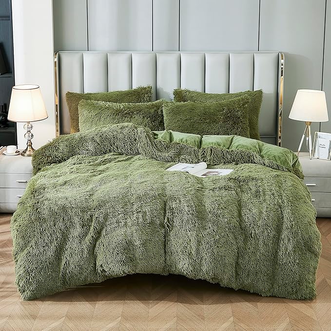 Uhamho Faux Fur Velvet Fluffy Bedding Duvet Cover Set Down Comforter Quilt Cover with Pillow Shams, Ultra Soft Warm and Luxury (King, Sage)