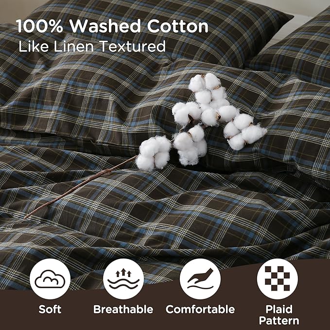 TOCOMOA Buffalo Plaid Duvet Cover Set 100% Washed Cotton Like Linen Feel Super Soft Comfy 2 Piece Brown Blue Gingham Checkered Bedding Comforter Cover Set (Twin 68"x90", Comforter Not Included)