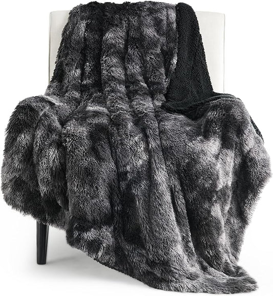 Bedsure GentleSoft Fuzzy Sherpa Faux Fur Twin Blanket Tie Dye Black Cozy Gifts for Boys Girls, Soft Fleece Plush Warm Thick Blanket Twin Size for Bed, Black Room Decor Dorm Essentials Gifts, 60x80