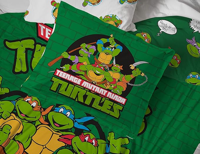 Jay Franco Nickelodeon Teenage Mutant Ninja Turtles Green Bricks 5 Piece Twin Bed Set - Includes Reversible Comforter & Sheet Set Bedding - Super Soft Fade Resistant Microfiber