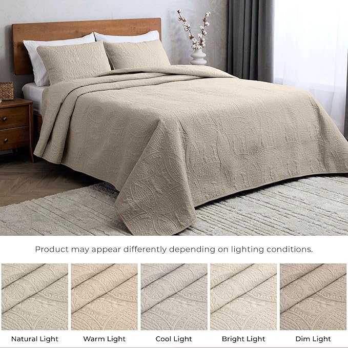 Mellanni Twin Bedspread Coverlet Set - Bedding Cover with Sham - Ultrasonic Quilting Technology - 2 Piece Oversized Quilt Set - Bedspreads & Coverlets (Twin, Beige)
