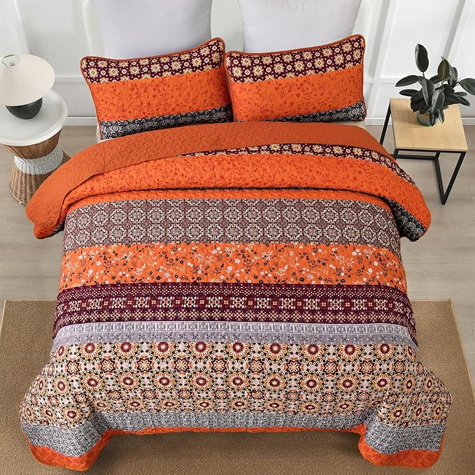 WONGS BEDDING Boho Quilt Set King,Fall Burnt Orange Bohemian Striped Patchwork Bedspread Coverlet Set with 2 Pillowcases,Lightweight Microfiber Floral Bedding Set 104"×90"