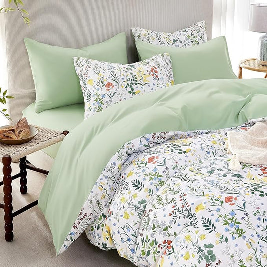 Wake In Cloud - Floral Duvet Cover Set, Shabby Chic Cottage Garden Botanical Flower Style with Elegant Wildflower Pattern, Soft Lightweight Bedding, 3 Pieces, Multicolor Green, Twin/Twin XL Size