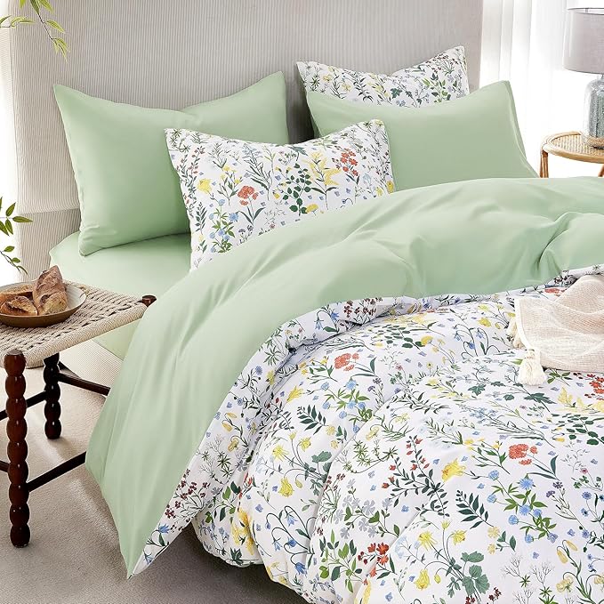 Wake In Cloud - Floral Duvet Cover Set, Shabby Chic Cottage Garden Botanical Flower Style with Elegant Wildflower Pattern, Soft Lightweight Bedding, 3 Pieces, Multicolor Green, Full Size