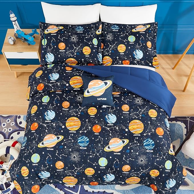 Full Size Comforter Set for Boys-4 Pieces Space Glow in The Dark Full Bedding Sets for Kids, 1 Comforter, 2 Shams and 1 Decor Pillow