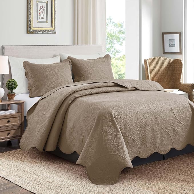 IR Imperial Rooms Queen Quilt Bedding Set Size (90" x 96") + 2 Pillow Shams (20" x 26"+ 2") - 3 Pcs All Season Lightweight Reversible Microfiber Coverlet Floral Embossed Quilt Bedspread (Beige)