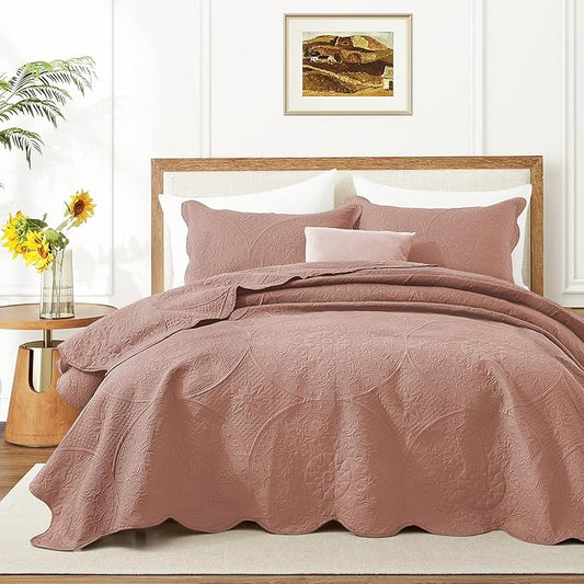 MOONLIGHT20015 Queen Quilt Bedding Set Size (90" x 96") + 2 Pillow Shams (20" x 26"+ 2") - 3 Pcs All Season Lightweight Reversible Embossed Quilt Microfiber Coverlet Floral Bedspread (Peach)