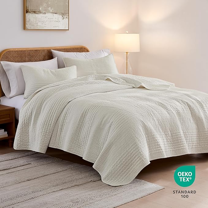 palassio Striped Beige 100% Cotton Quilt Twin Size Bedding Sets, Lightweight Crinkly Channel Pick Stitch Textured Bedspread Soft Shabby Chic Farmhouse Country Coverlet for All Season, 1 Sham