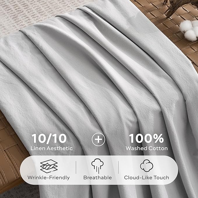 JELLYMONI Duvet Cover King Size - Washed Cotton Comforter Cover with Linen-Like Texture,Breathable & Soft Bedding for Modern Home,Guest Room and Everyday Use,Pale Grey 1 Duvet Cover & 2 Pillowcases