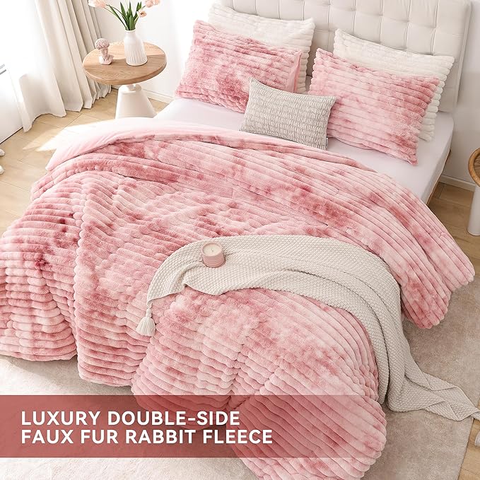 Smoofy Fluffy King Size Comforter Set 3 Pieces - Tie-dye Pink Fleece Fluffy Comforter Set, Luxury Fuzzy King Bedding Set, Soft King Bed Set All Season, Heavy Faux Fur Comforter with 2 Pillow Cases