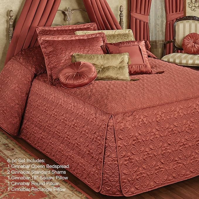 Cambridge Classic Luxury Bedding | Warm Cinnabar Solid Color Polyester Satin | Elaborate Damask Quilting | 6 Pc Bed Set Includes Oversized Queen Bedspread, 2 Standard Shams, and 3 Decorative Pillows