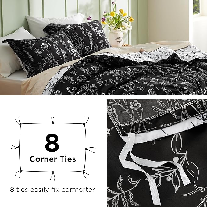 Bedsure Duvet Cover King Size - Reversible Black King Duvet Cover Set with Zipper Closure, 3 Pieces Floral Patterned Bedding Set with 8 Corner Ties and 2 Pillow Shams