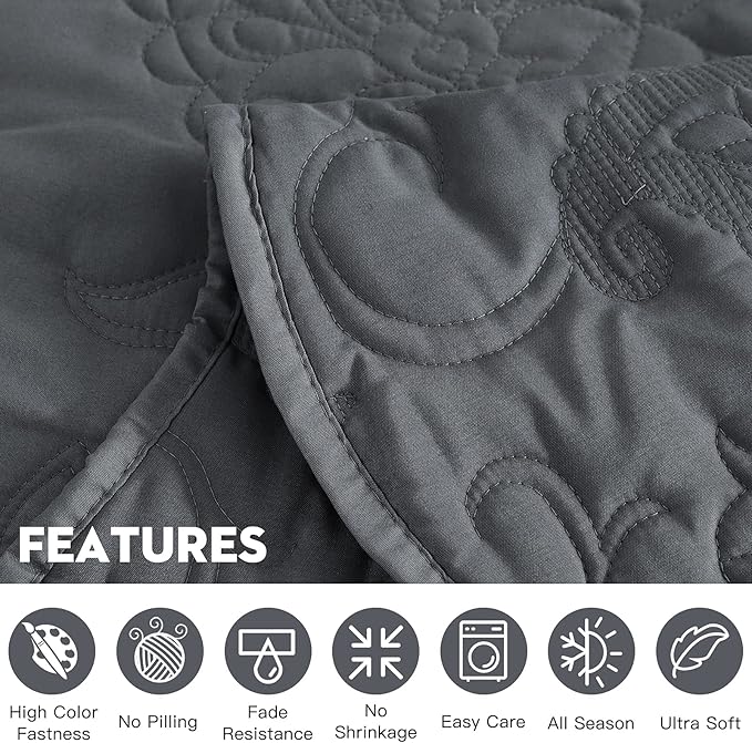 HZ & HY Oversized King Bedspread 128x120 Extra Wide, Quilted Coverlet Bedding Set, Lightweight Thin Comforter, Reversible, Luxurious, 5 Piece, 100% Microfiber, Dark Grey