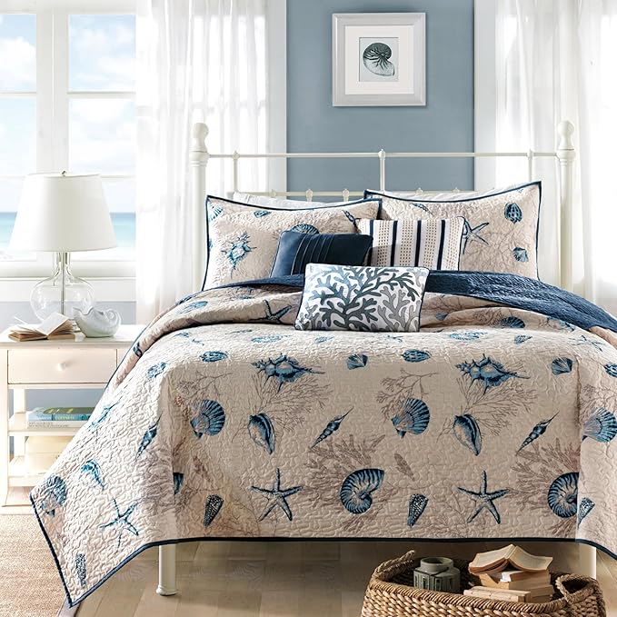Madison Park Quilt Set Cottage Coastal Design, Starfish Print - All Season, Coverlet Bedspread Lightweight Bedding Layer, Shams, Toss Pillows, Twin/Twin XL(68"x90"), Bayside Blue/Ivory 5 Piece