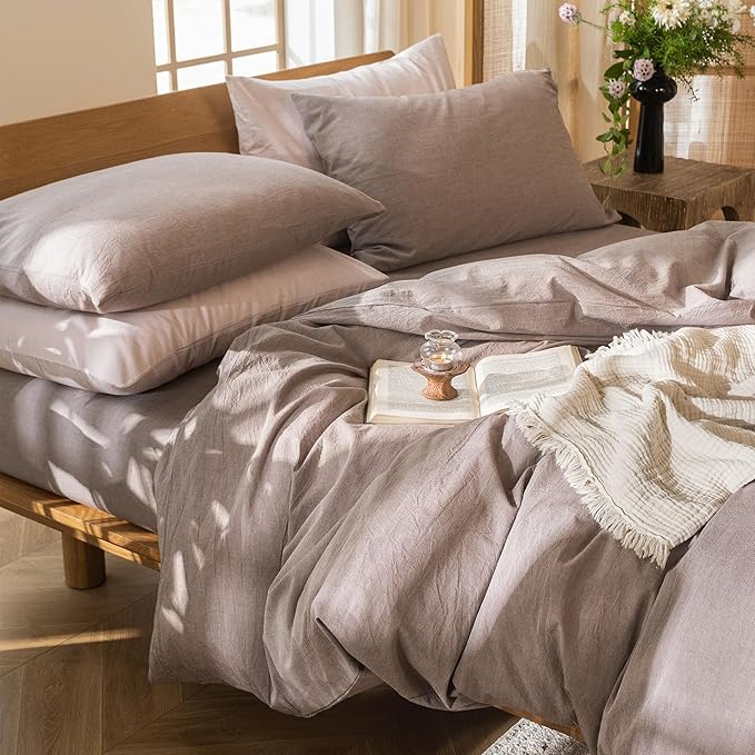 MooMee Bedding Duvet Cover Set 100% Washed Cotton Linen Like Textured Breathable Durable Soft Comfy (Heathered Mauve Brown, Full 80"x90")