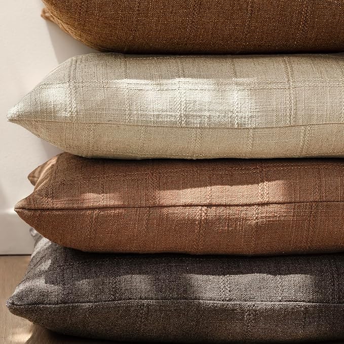 Foindtower Set of 2 Decorative Linen Check Throw Pillow Covers Neutral Farmhouse Vintage Cushion Covers Modern Boho Home Decor for Sofa Chair Couch Bedroom Living Room,20×20 Inch,Autumnal Red