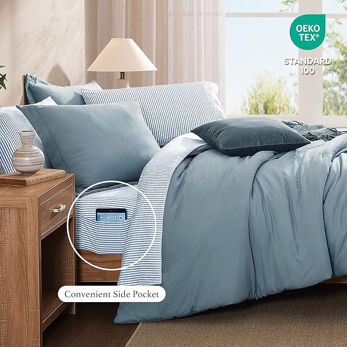 Monbix King Size Comforter Set - 7 Pieces Dusty Blue Prewashed Bed in a Bag King Bedding Sets with Comforters, All Seasons Ultra Soft Comforter Bed Set with Sheets,Pillowcases & Shams
