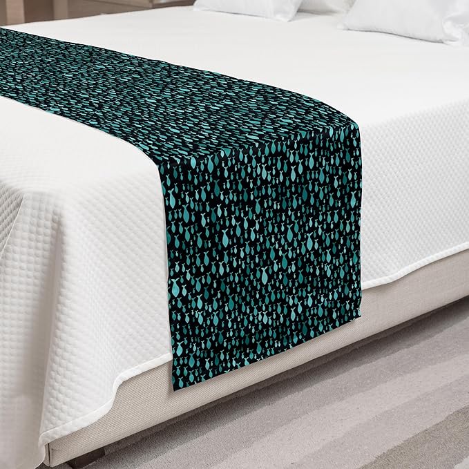 Lunarable Fish Bed Runner, Underwater Animals Swimming Silhouette Marine Life Sea Ocean, Decorative Accent Bedding Scarf for Hotels Homes and Guestrooms, Queen, Teal Black