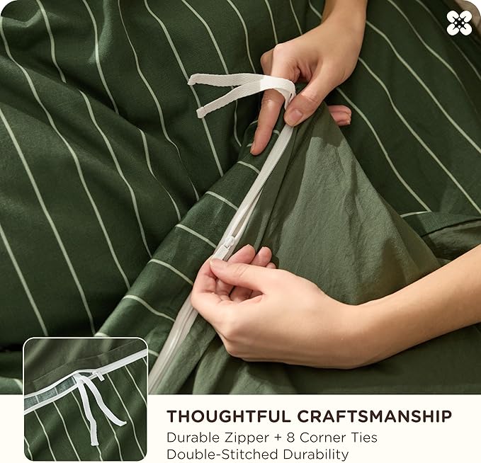 Bedsure Striped Duvet Cover King Size,100% Washed Cotton Duvet Cover Linen Like Textured, Classic Striped Pattern Enhances Bedroom Comfort and Style, Stripes Olive Green, 104"x90"