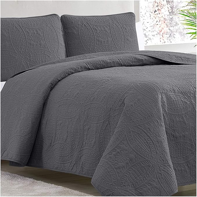 Mellanni Twin Bedspread Coverlet Set - Bedding Cover with Sham - Ultrasonic Quilting Technology - 2 Piece Oversized Quilt Set - Bedspreads & Coverlets (Twin, Gray)