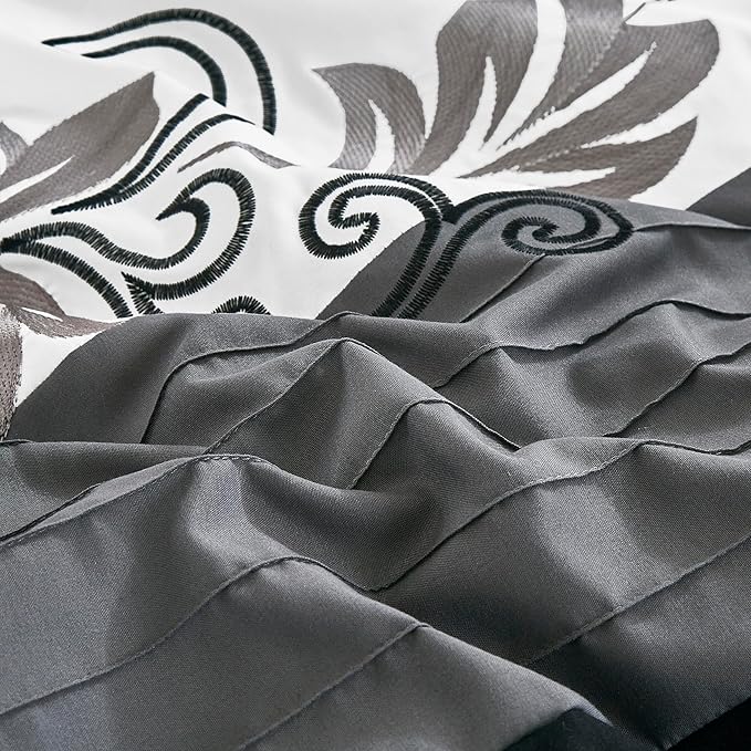 Chezmoi Collection Napa 7-Piece Luxury Leaves Scroll Embroidery Bedding Comforter Set (Full, Black/Gray/White)