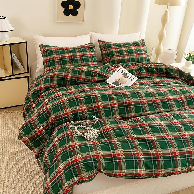 ECOCOTT Buffalo Plaid Duvet Cover Queen Size– 3 Piece Green Checkered Bedding Set, 100% Washed Cotton, Soft Breathable Reversible Design with Zipper Closure & Corner Ties