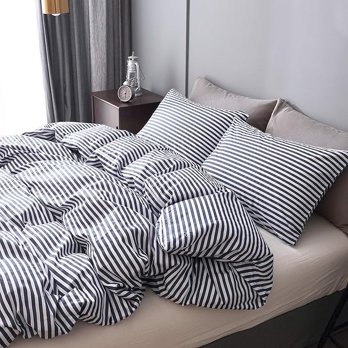 JELLYMONI 100% Natural Cotton 3pcs Striped Duvet Cover Sets,White Duvet Cover with Navy Blue Stripes Pattern Printed Comforter Cover,with Zipper Closure & Corner Ties(King Size)