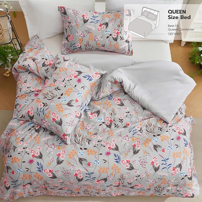 Joiedomi Full Size Comforter Set Light Grey, 3 Pieces Floral Full Bedding Set with 1 Soft Reversible Flower Comforter and 2 Pillow Shams, Bed in a Bag for All Seasons