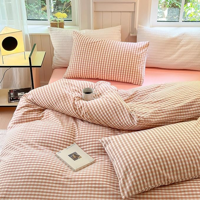 LifeTB Pink Gingham Comforter Set King Modern Style Pink Plaid Comforter Set Fluffy 3 Pieces Grid Checkered Pattern Boho Comforter with 2 Pillowcases Farmhouse Gingham Plaid Bedding Set King