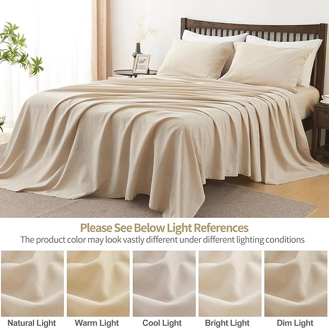 Simple&Opulence Belgian Linen Sheet Set Solid Color - 4 Pieces (1 Flat Sheet, 1 Fitted Sheet & 2 Pillowcases) Natural Flax Cotton Blend Soft Breathable Farmhouse Bedding - Full Size, Linen/Beige