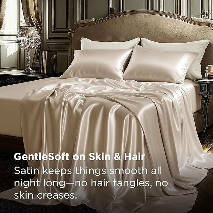 Bedsure Satin Sheets Full Size - 4 Piece Silky Bedsheets with 15 Inches Deep Pocket Fitted Bedsheet,1 Flat Sheet, 2 Satin Pillowcases, Good for Hair & Skin (Full, Khaki)